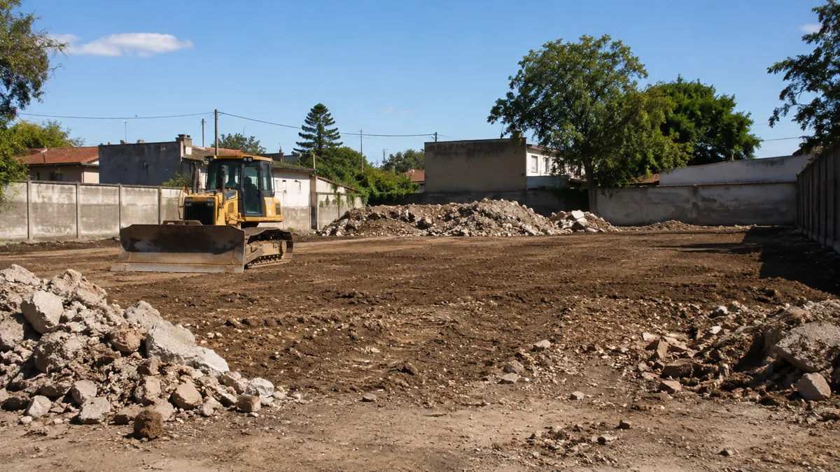 Terreno baldío en obra, con tierra nivelada, una topadora y montículos de escombro retirado.