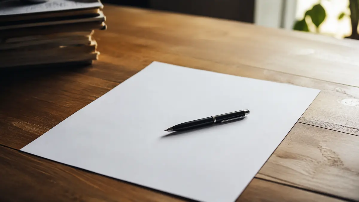 Documento en blanco con una lapicera apoyada encima sobre un escritorio de madera (ilustración generada con IA)