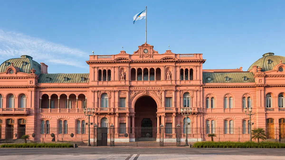 Fachada rosada de la Casa Rosada vista de frente desde Plaza de Mayo