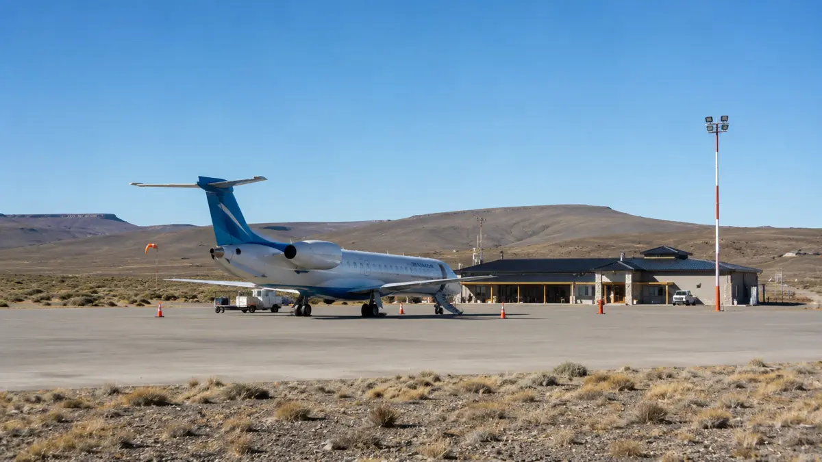 Pista de un aeropuerto patagónico pequeño con un avión regional estacionado
