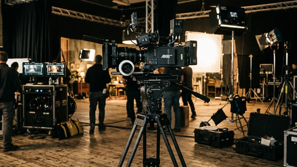 Cámara de cine sobre trípode en un set de rodaje