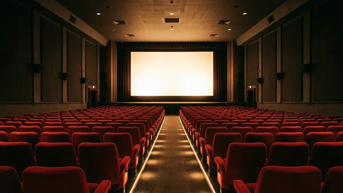 Sala de cine vacía con butacas rojas y la pantalla iluminada