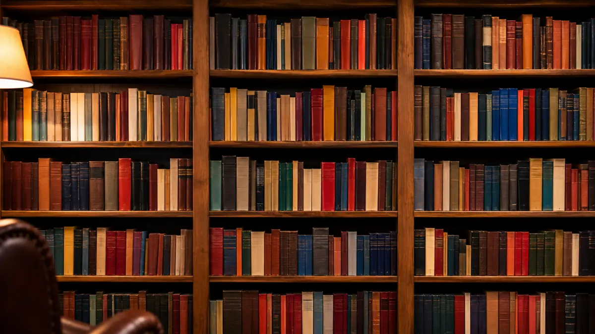 Estantería de biblioteca repleta de libros de distintos colores