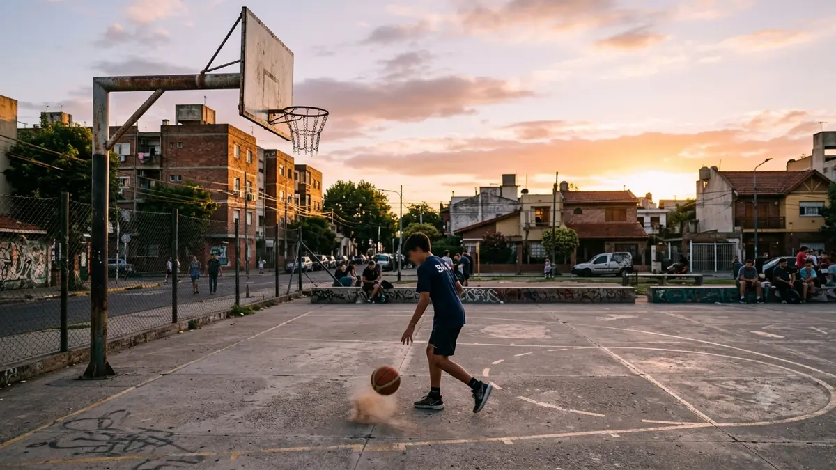 Cancha de básquet de barrio con aro y pelota