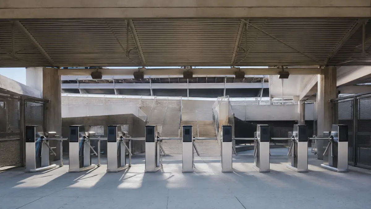 Molinetes de acceso a un estadio de fútbol sin gente