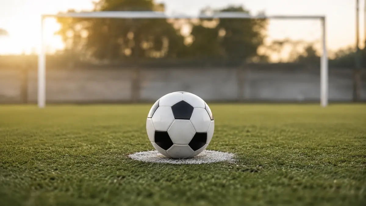 Pelota apoyada sobre el punto de penal con el arco de fondo desenfocado