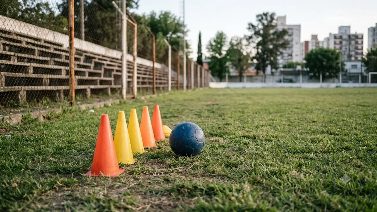 Una pelota lisa junto a conos de entrenamiento en un estadio local vacío, vista en tres cuartos, profundidad de campo suave