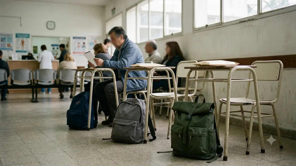 Mochilas lisas apoyadas junto a pupitres en una sala de espera de centro de salud, vista en tres cuartos, profundidad de campo suave