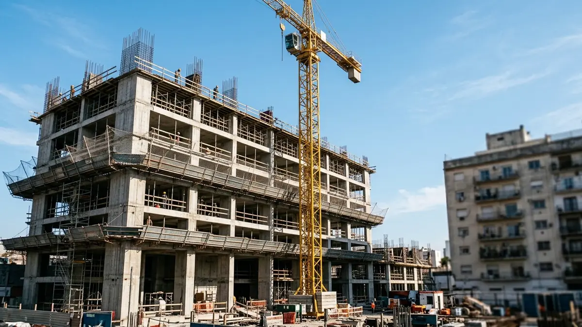 Grúa torre sobre una obra de construcción en altura