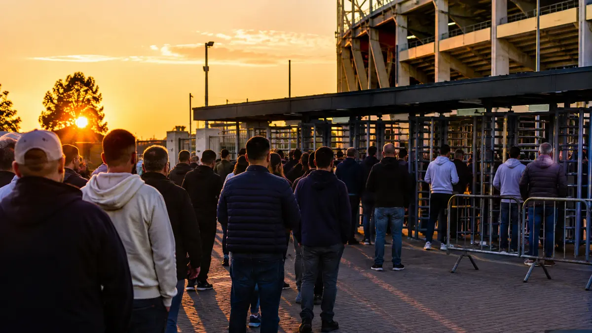 Hilera de personas de espaldas frente a los molinetes de un estadio