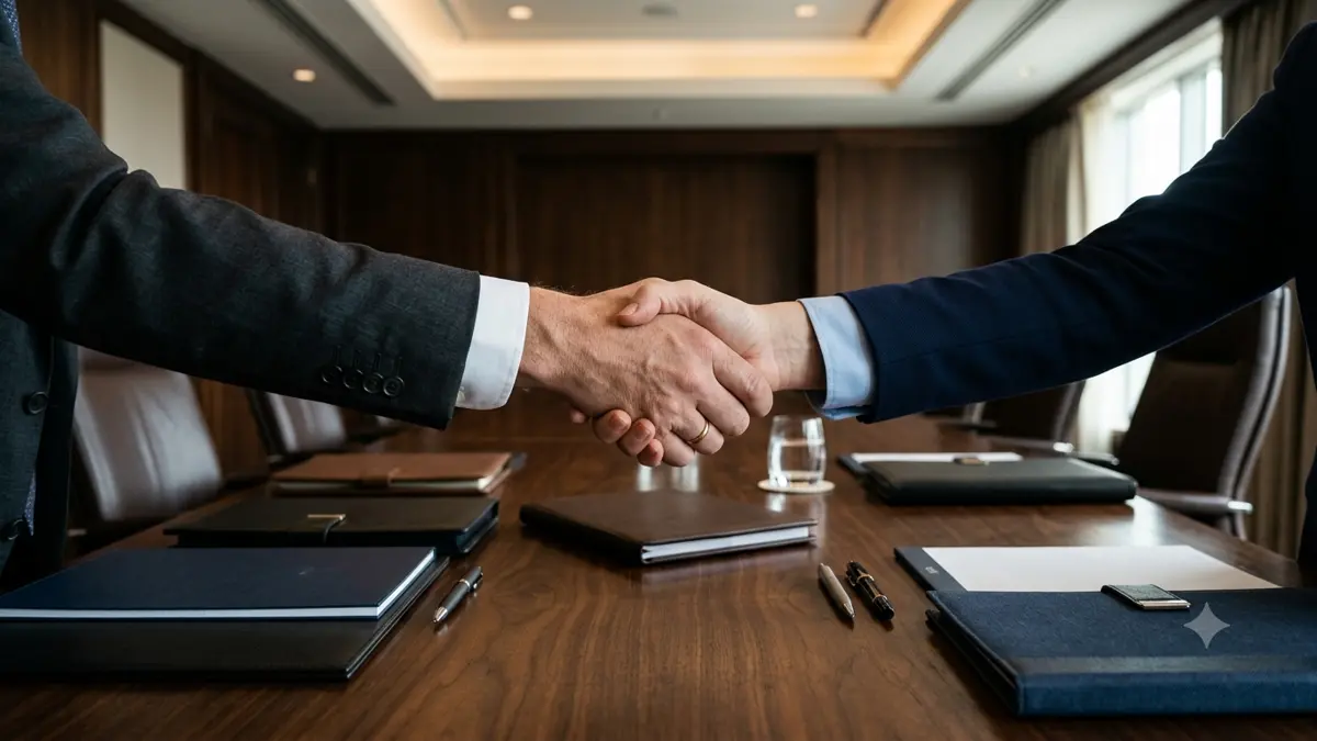 Dos manos estrechándose sobre una mesa de reuniones con carpetas
