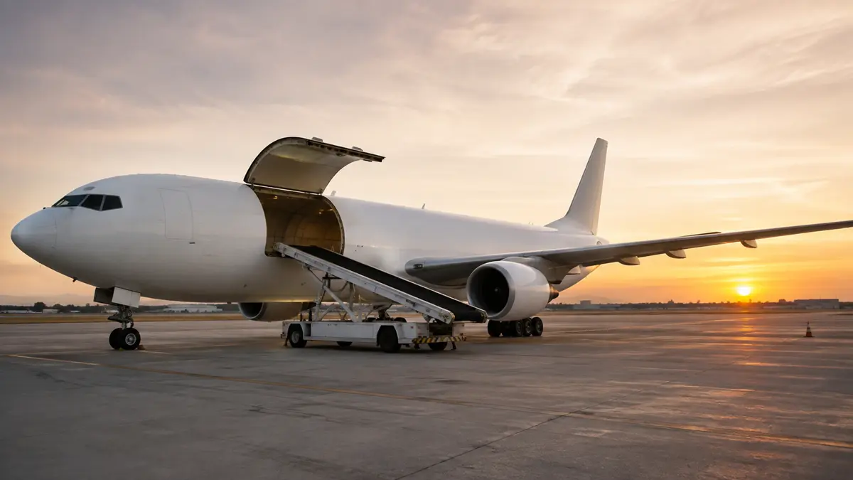 Avión de carga blanco con la bodega abierta en la pista
