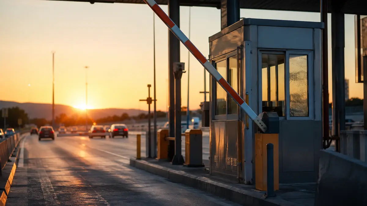 Cabina de peaje en una autopista con la barrera levantada