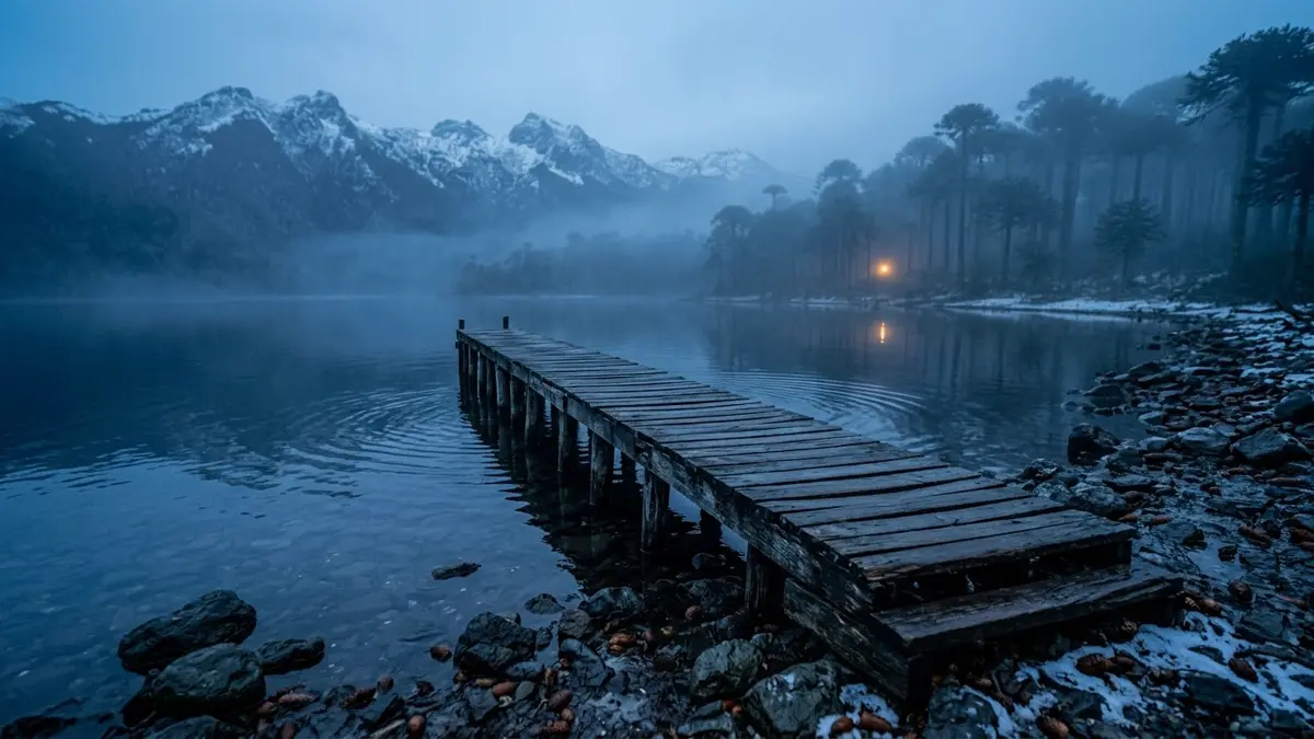 Muelle de madera vacío internándose en un lago patagónico cubierto de niebla