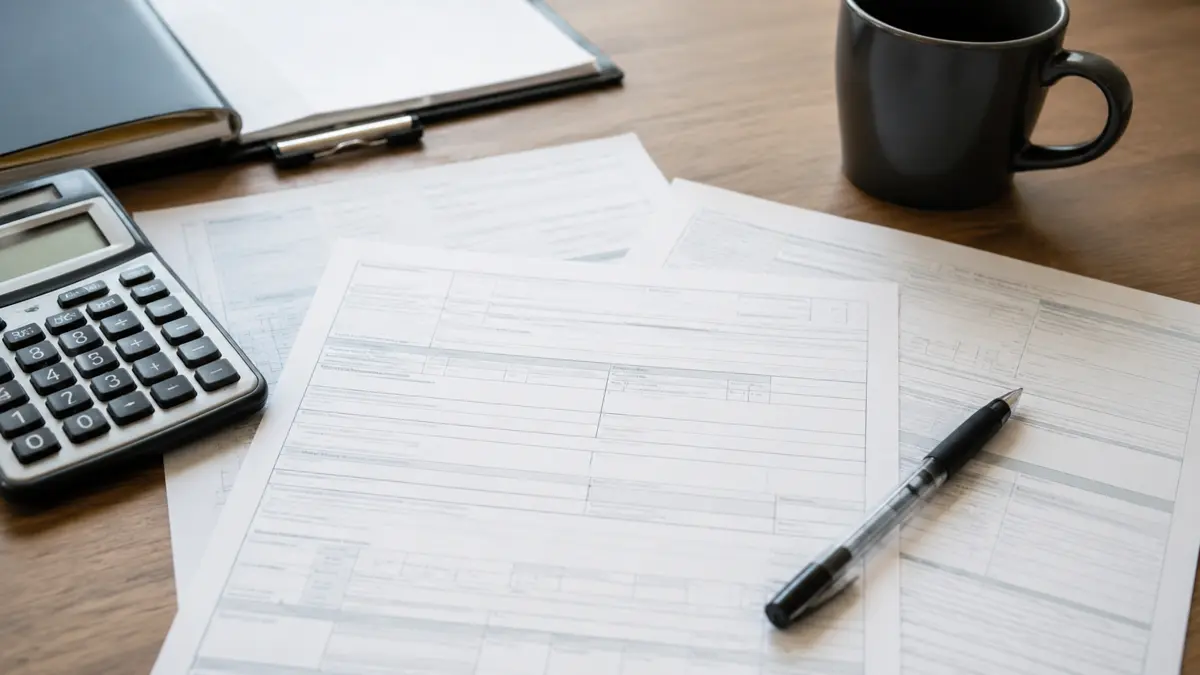 Formularios impositivos en blanco, una calculadora y una birome sobre un escritorio de oficina