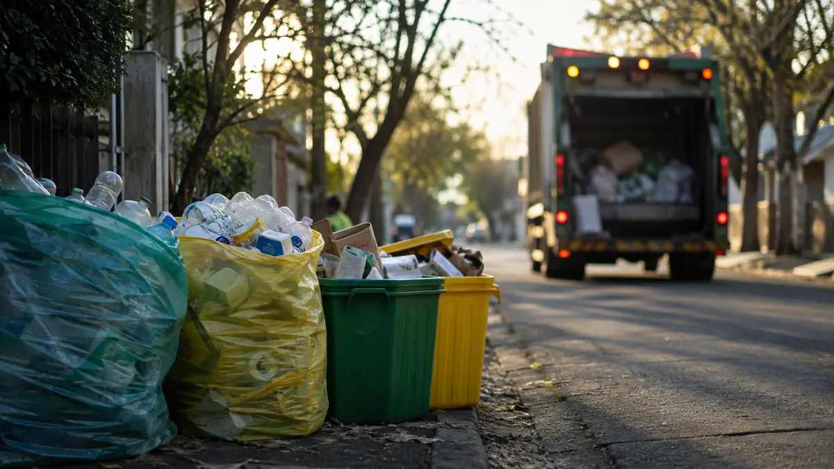 Bolsones de residuos reciclables en la vereda junto a un camión recolector