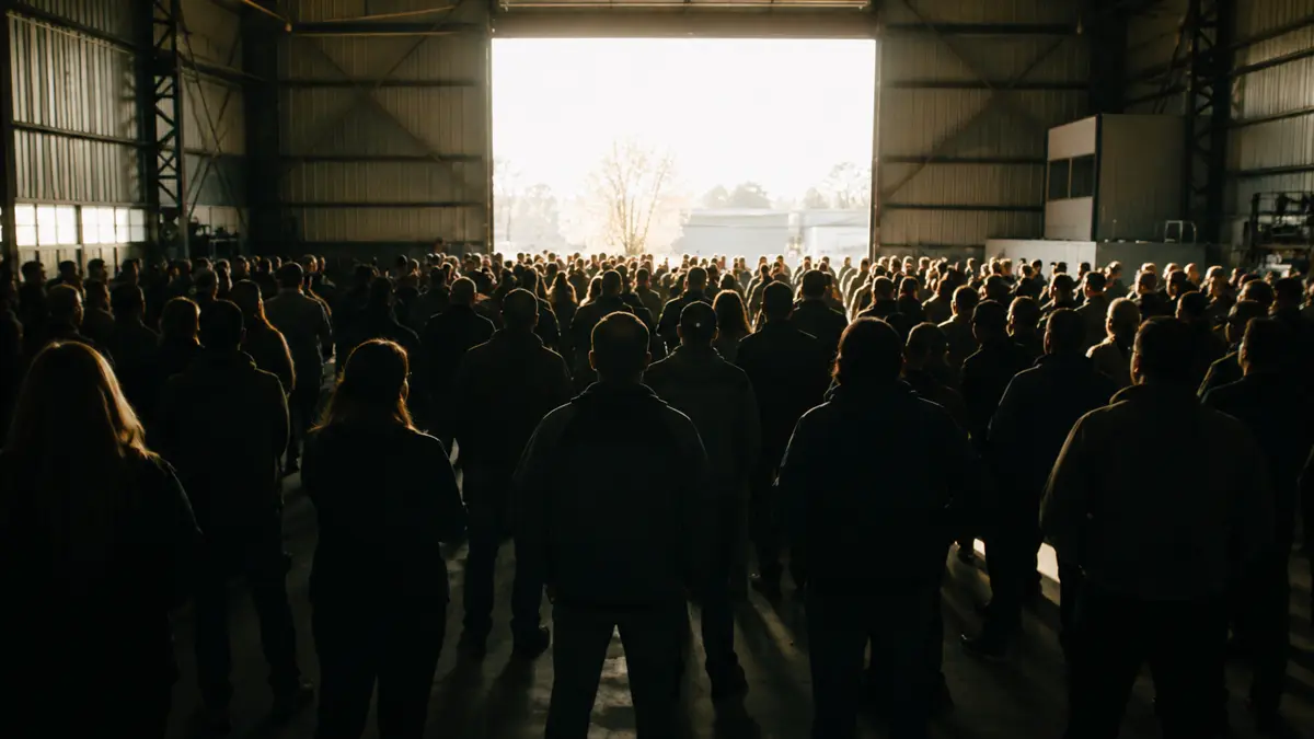 Grupo de personas de espaldas reunidas en un galpón industrial