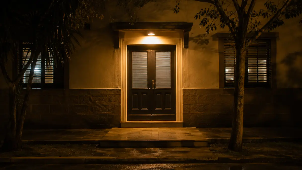 Entrada iluminada de una dependencia policial de barrio de noche