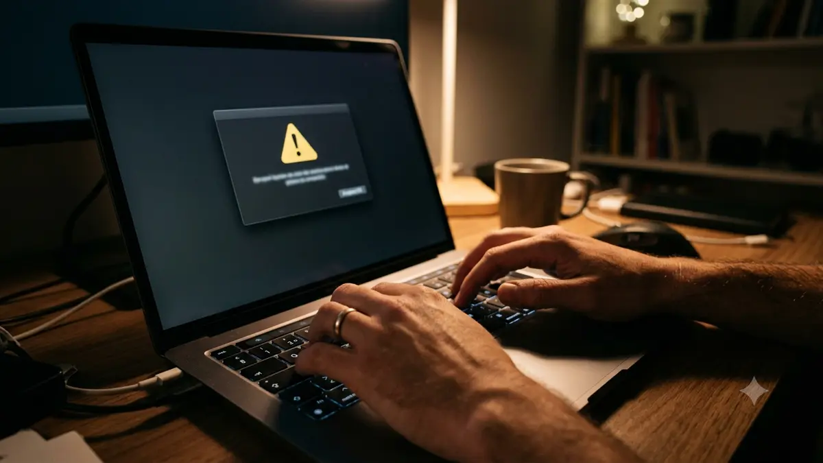 Manos sobre una notebook con un ícono de alerta genérico en pantalla