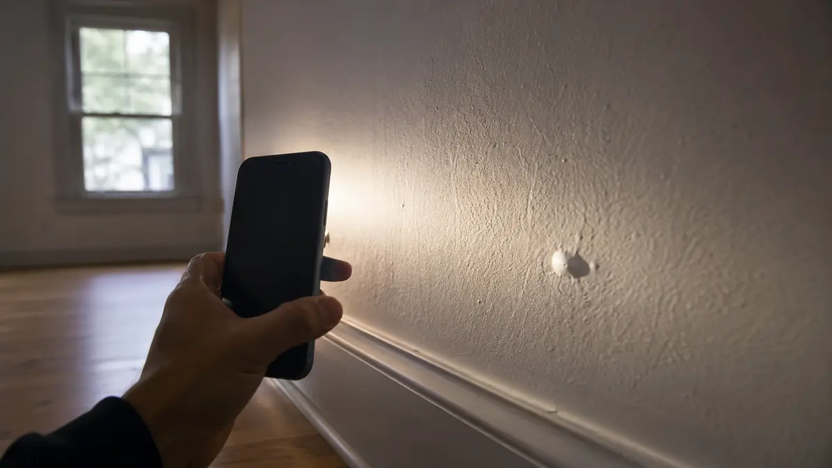 Luz rasante sobre una pared recién pintada revela una ampolla junto al zócalo durante una visita