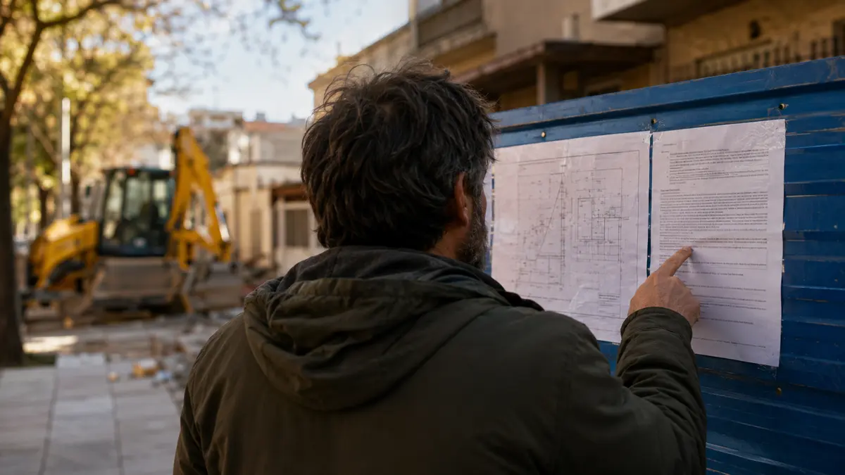 Vecino compara una convocatoria con el plano de una obra detrás de una valla recién instalada