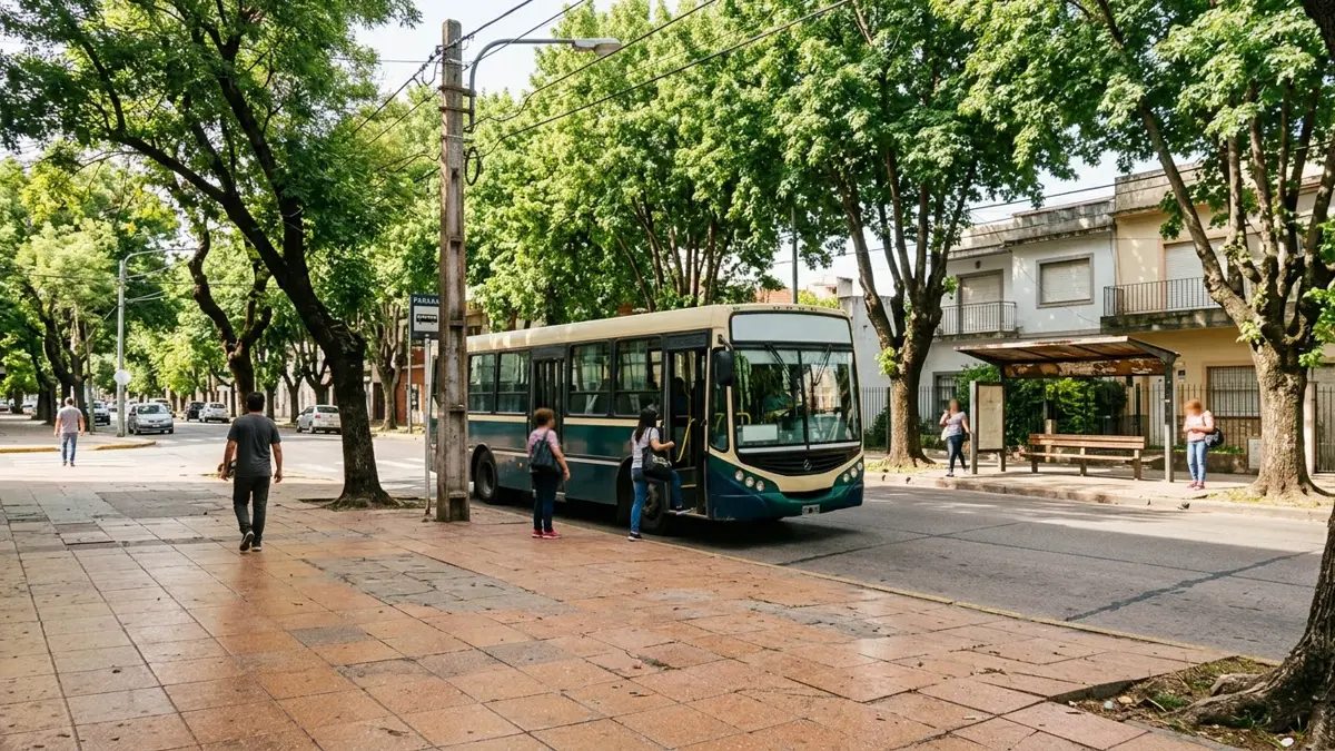 Colectivo urbano detenido en una parada de calle arbolada
