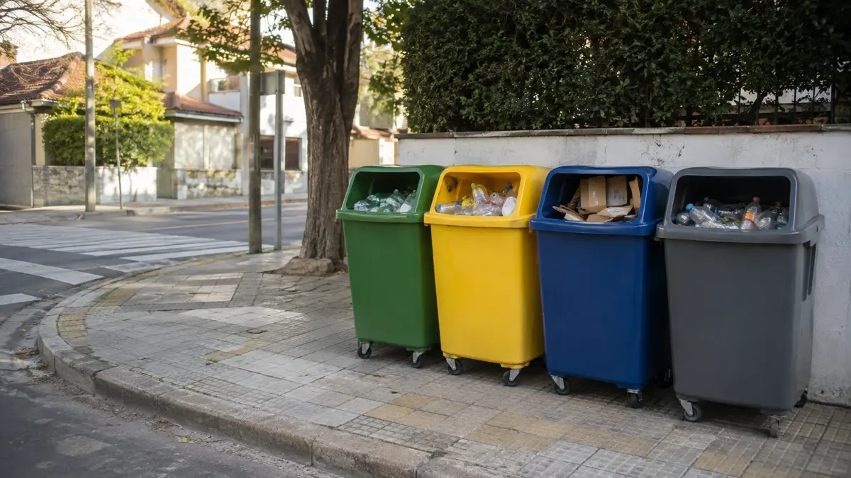 Contenedores de reciclaje diferenciado en una esquina de barrio.