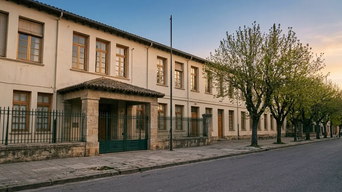Fachada de una escuela pública de barrio con entrada enrejada