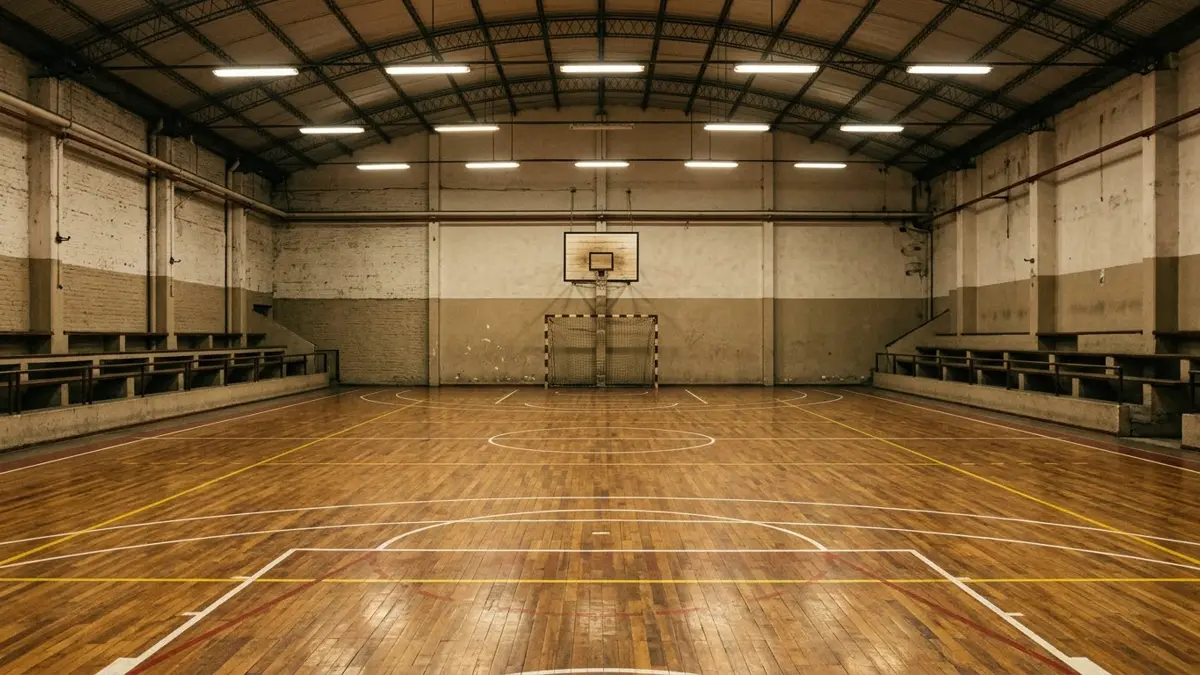 Gimnasio de un club de barrio con cancha de hockey y básquet vacía.