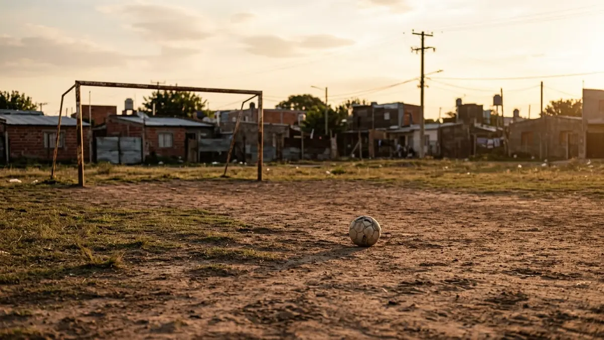 Picado de fútbol en un potrero de tierra con arco improvisado de barrio.