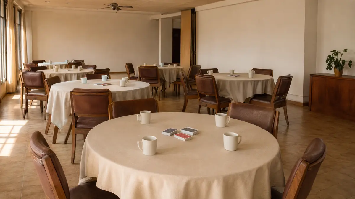 Salón de un centro de jubilados con mesas y sillas ordenadas. (ilustración generada con IA)