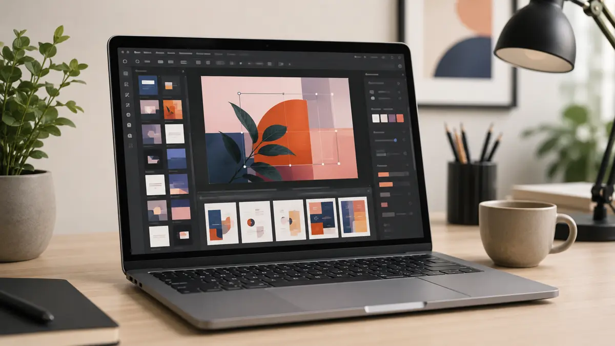 Notebook con un editor de diseño abierto y plantillas en pantalla