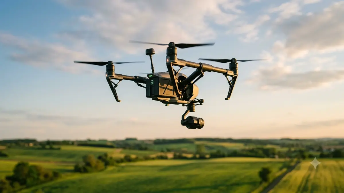 Dron de cuatro hélices suspendido sobre un campo verde desenfocado