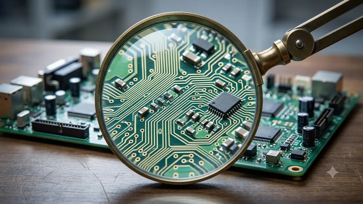 Lupa de mesa aumentando una porcion de placa electronica y sus pistas