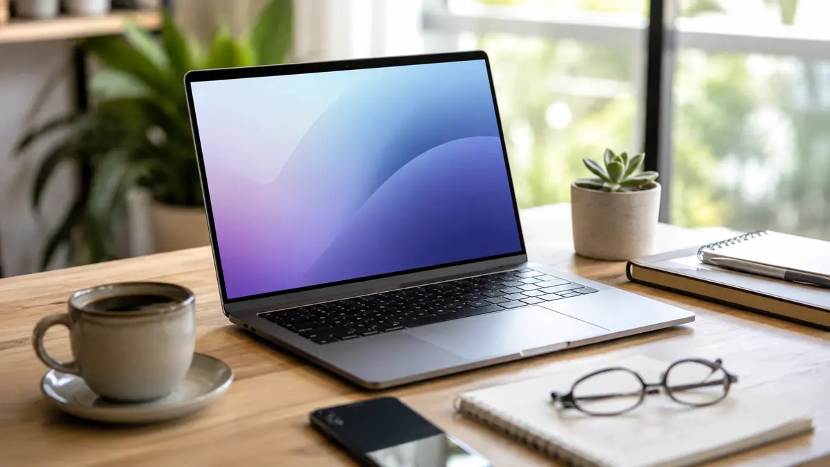 Notebook abierta sobre un escritorio con una taza de café