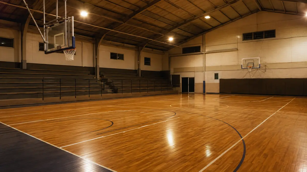 Gimnasio de club de barrio con cancha de básquetbol de madera vacía