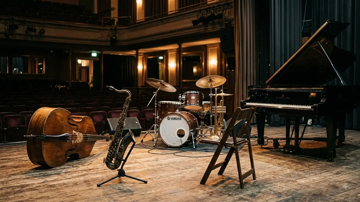 Contrabajo, saxofon, trompeta, bateria y piano dispuestos en un escenario vacio