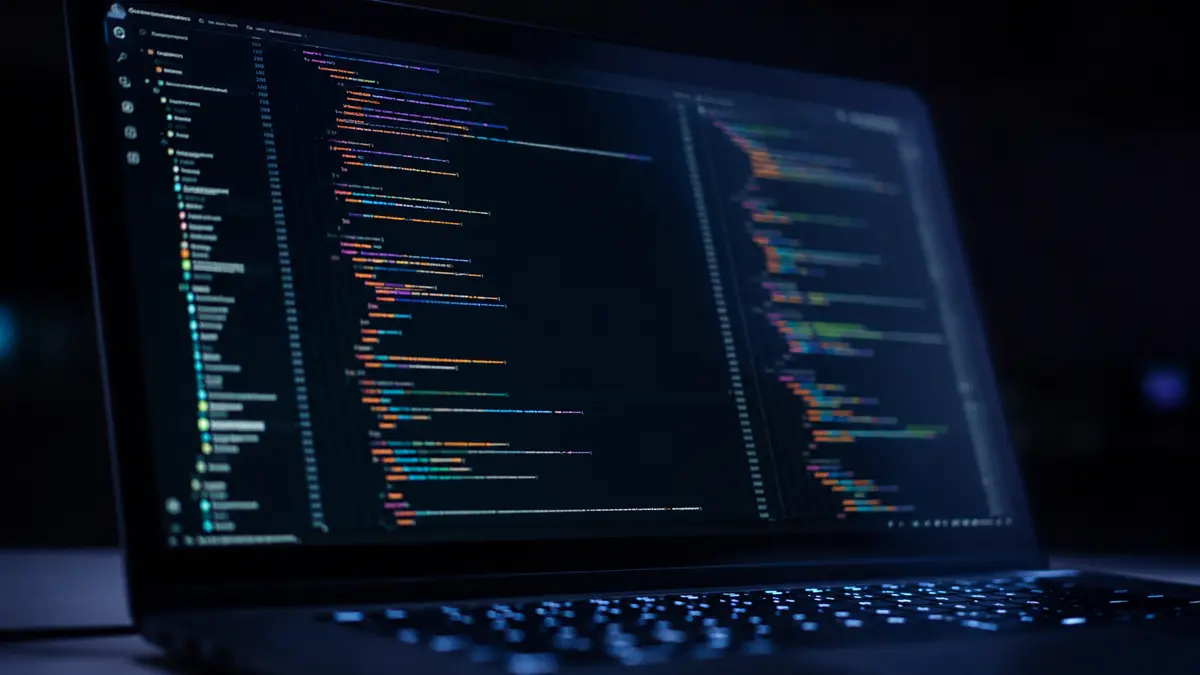 Pantalla de notebook mostrando código de programación en editor oscuro