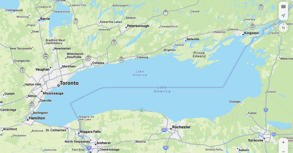Apple Maps renombró el lago Ontario como lago América
